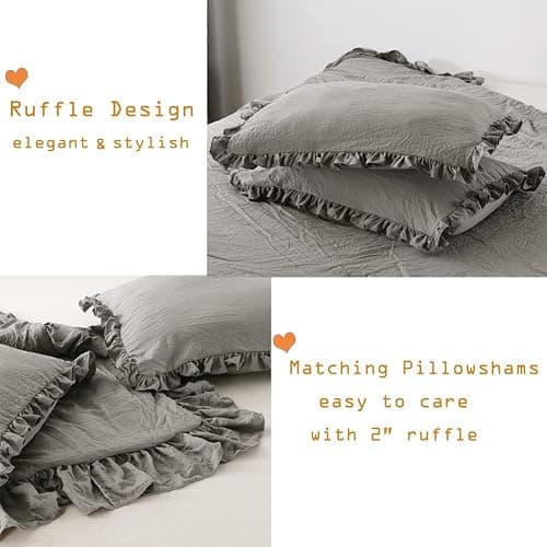 Masaca Grey Shabby Comforter Set Queen,Farmhouse Rustic Microfiber Bedding Ruffled Comforter Set,Vintage Gray Ruffle Comforter for Queen Bed Fluffy Aesthetic Bedding 3 Pieces thumbnail 4