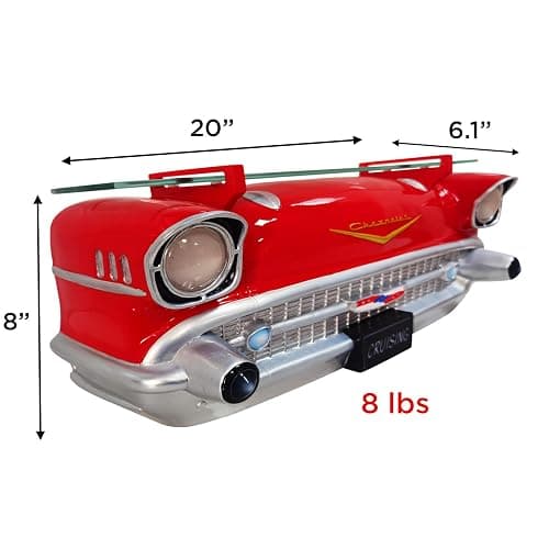 Sunbelt Gifts 1957 Chevy Red Bel Air Floating Wall Shelf - LED Headlights with Tempered Glass for Vintage Car Decor + Man Cave Accessories - Classic Car Gift (20 x 6.1 x 8 in) thumbnail 7