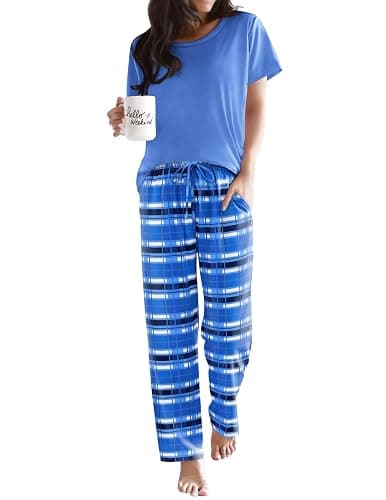 Ekouaer Pajama Sets for Women Round Neck Pjs Short Sleeve Sleepwear with Long Pants Loose Lounge Sets - Image 1
