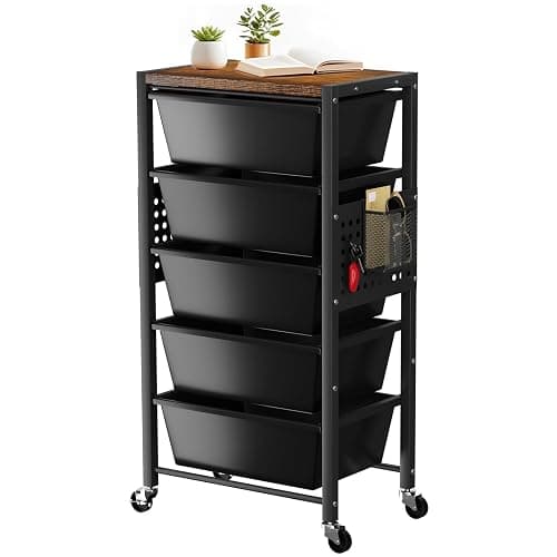 Rolling Cart with 5 Drawers, Plastic Drawer Storage Carts with Wheels & Wooden Tabletop, Metal Utility Cart with Pegboards, Office Living Room Classroom Craft Organization and Storage, Dark Black - Image 1