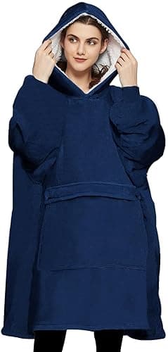 KFUBUO Wearable Blanket Hoodie for Adults Sherpa All Patterns Oversized Sweatshirt Blanket with Pockets Gifts for Mom Navy - Navy - Adult