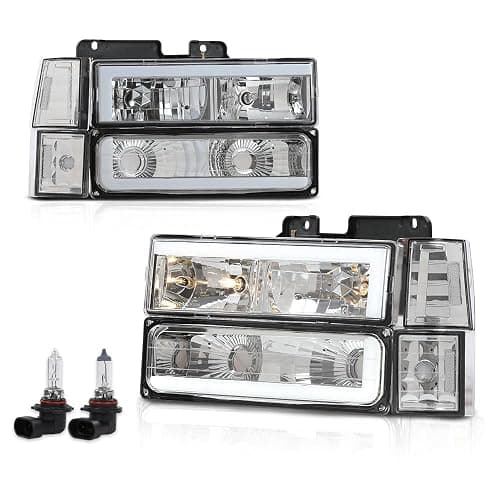 PIT66 LED DRL Headlight Assembly, Compatible with 1994-1998 Chevy C10 C/K 1500 2500 3500 Fit 94-99 Chevy Tahoe Suburban w/Turn Signal Lamps Bumper Lights Corner Lamps Clear Lens Chrome Housing - Image 1