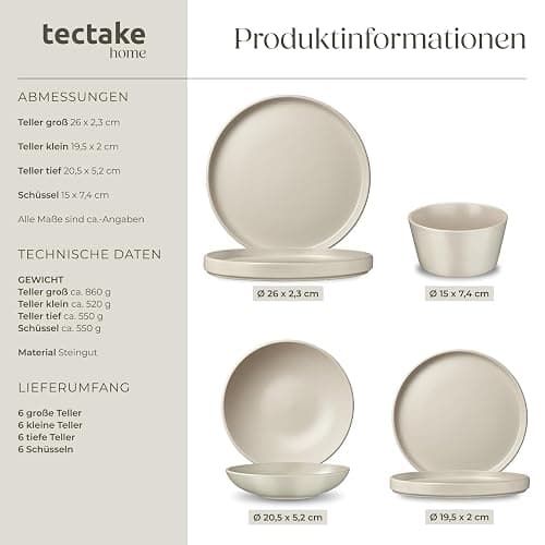 tectake® 24-tlg. Geschirrset, Tafelservice 6 Personen, Steingut Geschirr Set, Teller Set mit Schalen, Speiseteller, Frühstücksteller, tiefe Teller und Schüsseln - taupe thumbnail 6