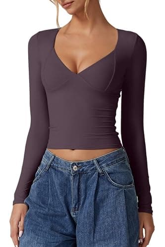 QINSEN Women's Long Sleeve V Neck T Shirts Double Lined Crop Top Seamed Cup Going Out Tops - Image 1