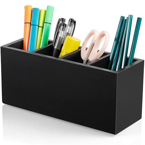 Bivvclaz Pencil Pen Holder for Desk, Wooden Office Desk Organizers and Accessories with 4 Slots for Countertop, Makeup Brush Holder Organizer for Bathroom Vanity, Silverware Caddy for Party, Black - Image 1