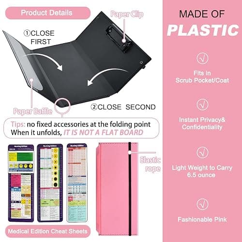 Vuzvuv Nursing Foldable Plastic Clipboard 3 Layers with Medical Edition Cheat Sheets, Pink Pocket Foldable Nurse Clip Boards Notepad for Students,Doctors and Medical Staff thumbnail 3