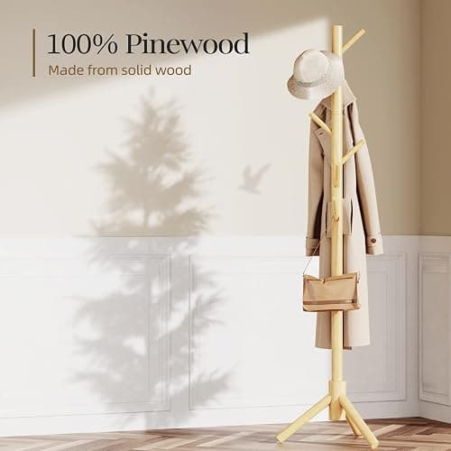 Pipishell Coat Rack Sturdy Wooden Coat Rack Stand, Adjustable Coat Tree, Free Standing Tree Hanger with 4 Sections & 8 Hooks, for Home/Bedroom/Office/Hallway/Entryway thumbnail 4