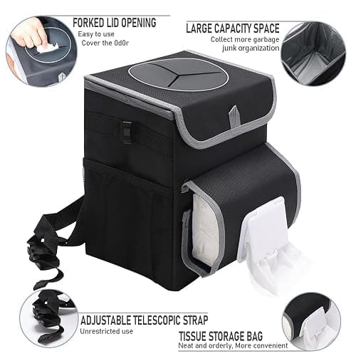 upra Car Trash Can with Lid,Bag Hanging Storage Pockets,Adjustable Tissue Holder & Straps,Portable Waterproof Garbage Bin, 1.98 Gal Large Capacity Multipurpose Bin thumbnail 4