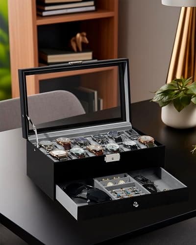 GUKA Watch Box 12 Slot Watch Display Organizer Leather Jewelry Case Drawer Glass Birthday for Men Women, Child Husband Dad thumbnail 8