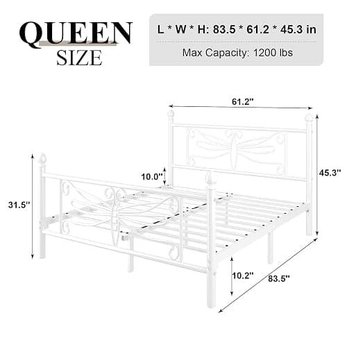 E-Ser Queen Size Bed Frame, Metal Platform Bed Frame with Dragonfly Pattern Headboard and Footboard, Strong Metal Slats Support, No Box Spring Needed, Easy Assembly, Noise-Free, White thumbnail 2