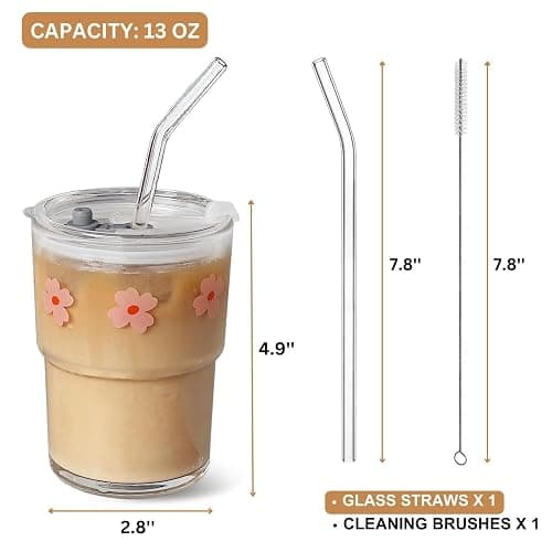 Olvini 13oz Glass Tumbler with Straw and Lid, Reusable Iced Coffee Cup Tumbler, Cute Glass Cups for Water, Matcha, Travel Coffee Mugs (Pink Flower) thumbnail 3