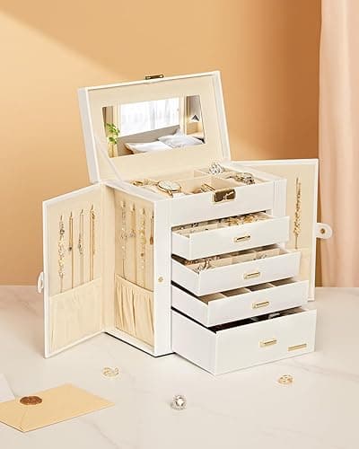 Homde Synthetic Leather Huge Jewelry Box Mirrored Watch Organizer Necklace Ring Earring Storage Lockable Gift Case (White + Gold) thumbnail 3