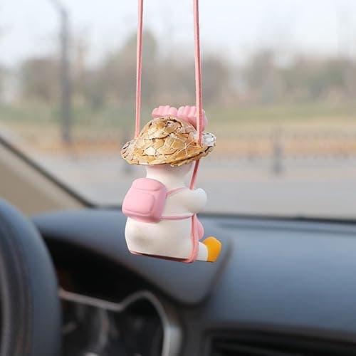 Gmngis Rear View Mirror Hanging Accessories of Swinging Duck Cool Swinging Duck Car Hanging Ornament Pendant Interior Rearview Mirror Decoration (White-Pink Duck) thumbnail 4