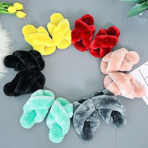 Fadezar Girls Fluffy Cute Fuzzy Slippers - Open Toe Warm Fur Slides Cross Band Plush Slip on House Indoor Slippers thumbnail 2