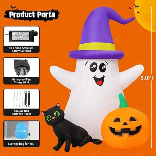 GOOSH 5 FT Halloween Inflatables Ghost Outdoor Decorations Blow Up Yard Cute Wizard Ghost with Black Cat Pumpkin with Built-in LEDs for Garden Lawn Indoor Party Decor thumbnail 6