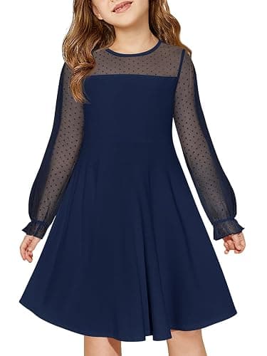 Haloumoning Girls Contrast Mesh Long Sleeve High Waist A Line Short Dress with Pockets 4-14 Years - Image 1