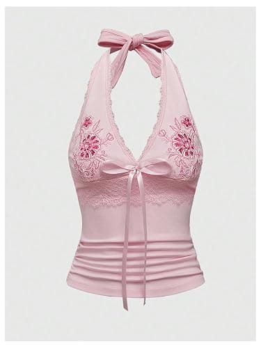 OYOANGLE Women's Floral Embroidery Bow Halter Tank Tops Lace Trim Ruched Fitted Sleeveless Top thumbnail 3