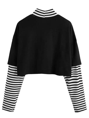 SweatyRocks Women's Color Block Butterfly Print Striped Long Sleeve Crop Top T Shirt thumbnail 2
