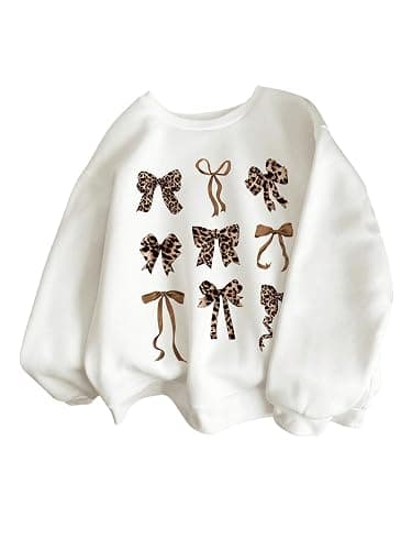 WDIRARA Girl's Leopard Bow Sweatshirt Crew Neck Long Sleeve Pullovers Graphic Top - Image 1