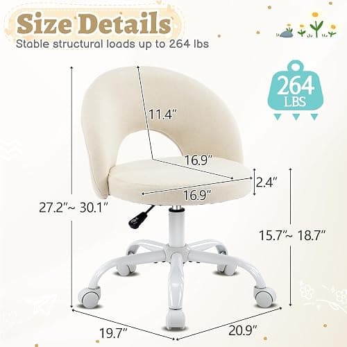 VINGLI Small Vanity Chair with Wheels for Girls.Cute Modern Adjustable Height Armless Office Desk Chair.360°Swivel Comfy Rolling Chair for Study, Make up Room,Small Space,Linen Light Yellow thumbnail 2