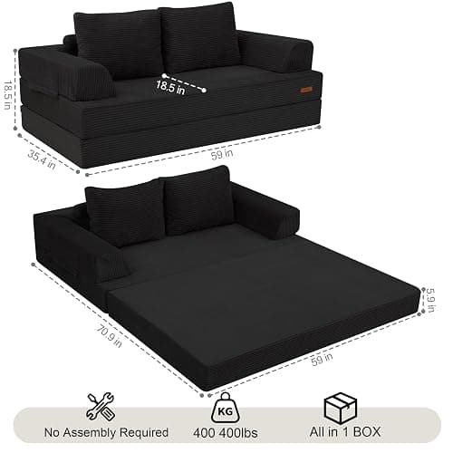 COMAX Convertible Sofa Bed, Folding Floor Couch Corduroy Fold Out Couch Bed Futon Sleeper Mattress with Pillows, Boneless Sofa Comfy Lounge Loveseat for Living Room Bedroom, Black thumbnail 2