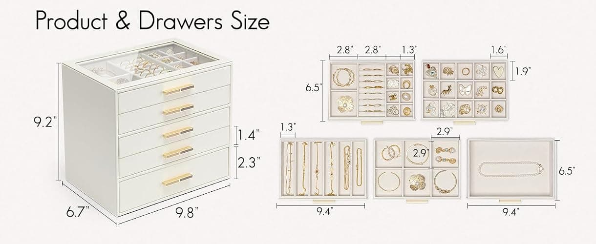 Vlando 5 Layer Jewelry Box for Women, Glass Lid Jewelry Organizer with 5 Drawers for Necklaces Rings Earrings Bracelets - Cloud White thumbnail 3