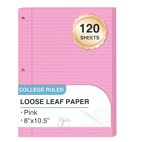 Pink Loose Leaf Paper 8 x 10.5, 120 Sheets Lined Paper College Ruled Paper | 3 Hole Punched Notebook Paper College Ruled, 3 Ring Binder Paper 8 x 10.5, Filler Paper College Ruled for Office, School - Image 1