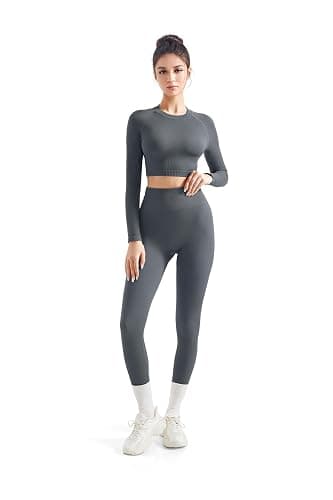 SUUKSESS Women 2 Piece Workout Sets Hidden Scrunch Hip Lifting Seamless Leggings Long Sleeve Yoga Crop Tops thumbnail 7