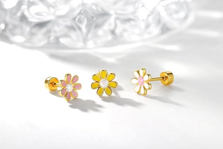 Onnzin Titanium Daisy Flower Earrings,Hypoallergenic Earrings for Sensitive Ears,Pure Titanium Implant Grade Stud Screw Back Girls Women Teen 7mm thumbnail 3