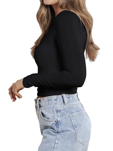 PINKMSTYLE Women Sexy V Neck Lace Long Sleeve Shirts Basic Fitted Double Lined Going Out Y2K Trendy Fall Tops thumbnail 6