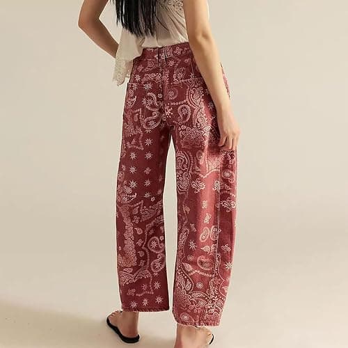Vintage Barrel Pants for Women Baggy Floral Print Mid Rise Wide Leg Faux Denim Ankle Pants Loose Y2k Barrel Pants thumbnail 3
