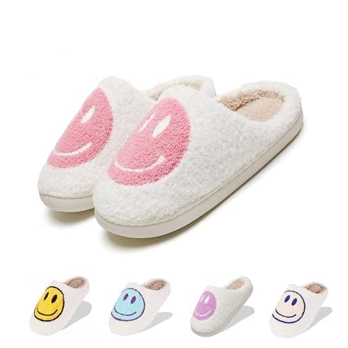 LINWIND Fuzzy Slippers for Women Men, Cute Retro Fluffy Happy Face House Slippers, Plush Memory Foam Slippers for Women Indoor and Outdoor Cozy Trendy Slip-On Shoes - Image 1