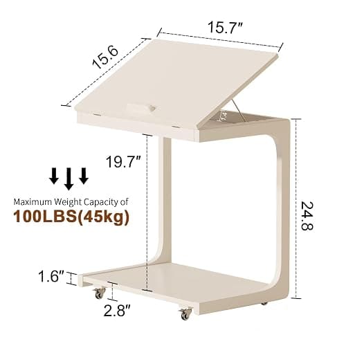 AQIMUELE Wooden C-Shaped End Table,Couch Table with Adjustable Desktop,Small Rolling Side Table with 2 Lockable Wheels 23.36" Width,Small End Table for Couch, Living Room,Bedroom (White) - 15.6"D x 23.6"W x 24.8"H - Modern 2 Tier - White thumbnail 2