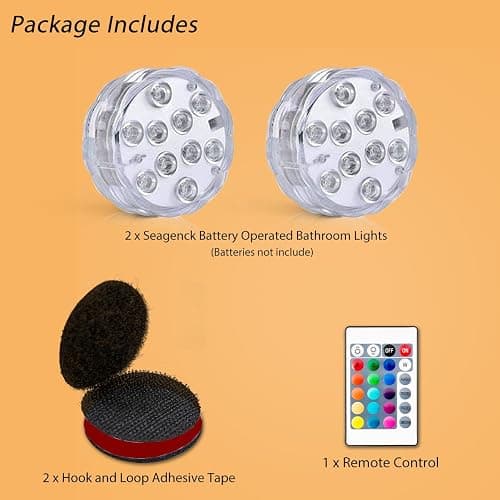 Seagenck Bathroom Lights Wireless Battery Operated, Waterproof Led Glow Light for Bath Shower Spa Vanity Lights, for Over Mirror Wall Ceiling Lights, RGB Multi Color Remote Controlled, 2pcs thumbnail 2