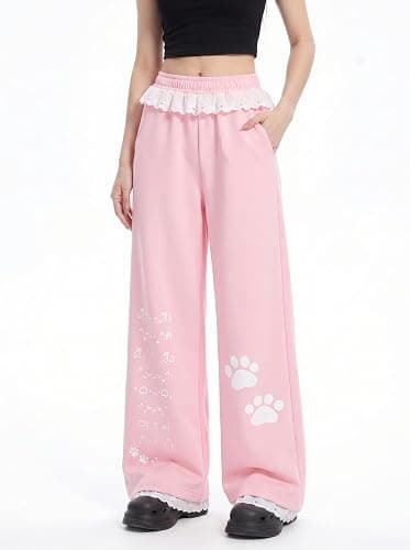 Women Kawaii Cat Paw Wide Leg Sweatpants Lace Trim Coquette Y2K Loungewear thumbnail 2