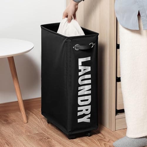 DOKEHOM 25-Inches Slim Laundry Basket on Wheels, Collapsible Rolling Laundry Hamper, Foldable Narrow Corner Clothes Storage Bins (Black) thumbnail 9