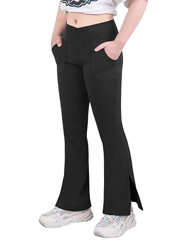 Teen Girls Bootcut Yoga Pants Kids Active Crossover Split Hem Flare Leggings with Pockets thumbnail 2
