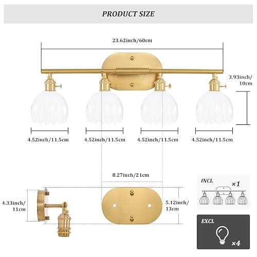 Shenmoyl Bathroom Light Fixtures, 4-Light Brass Vanity wall Light Over Mirror with White Tulip Glass Shade for Bedroom Living Room (Bulb Not Included) thumbnail 6