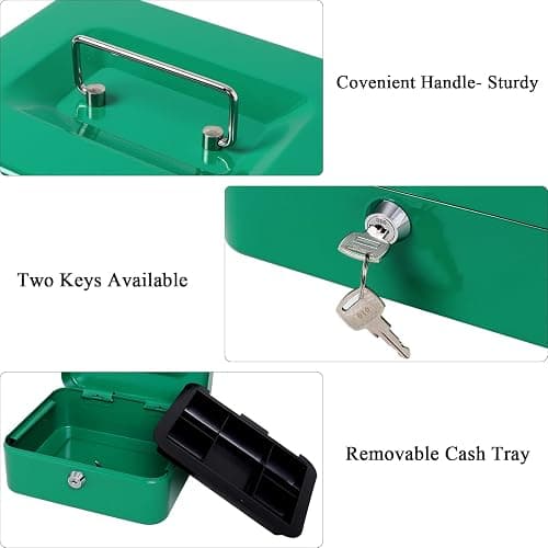 Jssmst Medium Cash Box with Key Lock - Durable Metal Cash Box with Money Tray, Green, Medium thumbnail 5