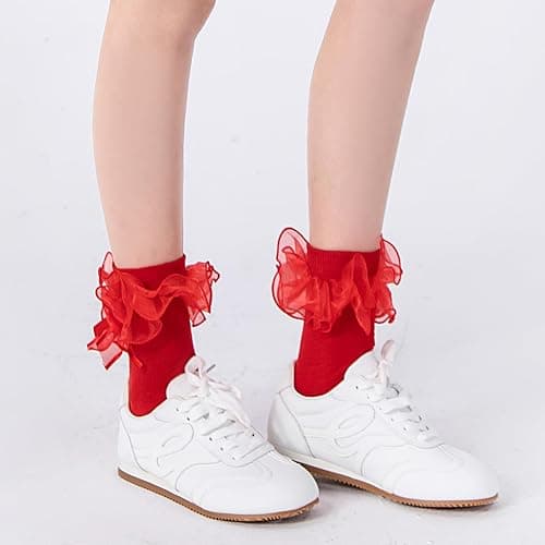 Dicry Women's Big Ruffle Socks with Bows Double Lace Turn Cuff (Size 9-11, 3 Pairs) thumbnail 6