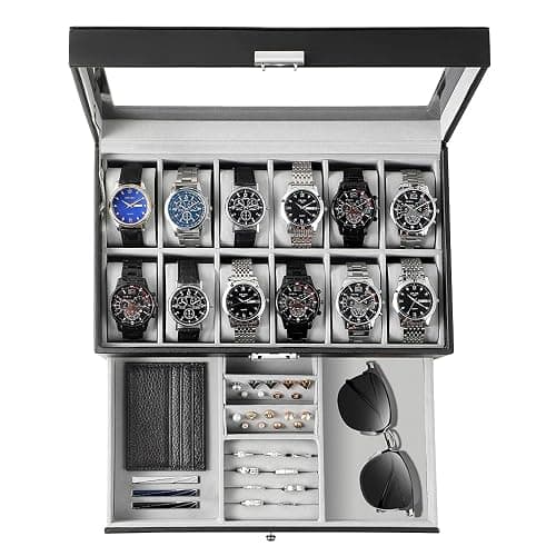 GUKA Watch Box 12 Slot Watch Display Organizer Leather Jewelry Case Drawer Glass Birthday for Men Women, Child Husband Dad - Image 1