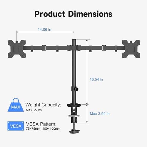 Pholiten Dual Monitor Stand, Heavy Duty Adjustable Monitor Arm Desk Mount for 2 Screens up to 32 Inches, Tilt, Swivel, Rotate, Supports Tilt, Swivel, Rotate, Supports 22 lbs per Monitor Arm thumbnail 2