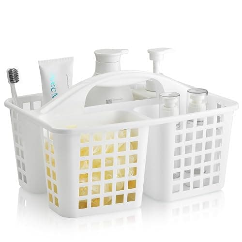 ALINK Plastic Shower Caddy Basket with Compartments, Portable Divided Cleaning Supply Storage Organizer with Handle for College Dorm Bathroom - White - Image 1