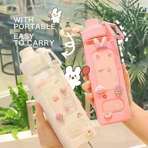 excvalues Kawaii Water Bottle with Straw Cute Large Water Bottles with Kawaii Stickers Aesthetic Leakproof Square Drinking Bottle (Pink) thumbnail 3