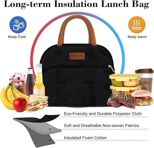 Coobiiya Lunch Box Lunch Bag for Women Men,Reusable Cute Lunch Pail bag,Leakproof,Insulated LunchBox Tote Compact 10L, Cooler Lunch Container for Work Travel Office (Black) thumbnail 6