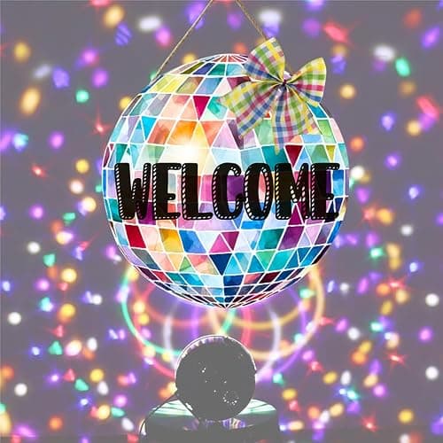OLMIXA Colorful Disco Ball with Bow Wooden Hanging Sign (11.4x11.7inch), Disco Ball Welcome Door Hanger Sign, Shiny Welcome Sign for Dance Party Girl Bedroom Apartment Classroom Decor thumbnail 7