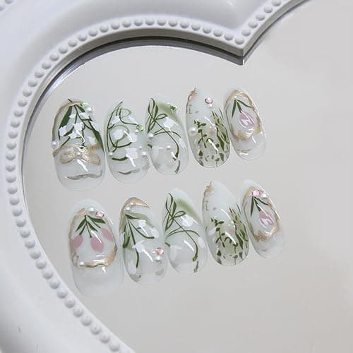 24Pcs Flower Press on Nails Medium Almond Fake Nails Green Leaf with White Flower Design Gilding Full Cover Artificial Glue on Nails Handmade False Nails Spring Summer Stick on Nails for Women DIY thumbnail 2