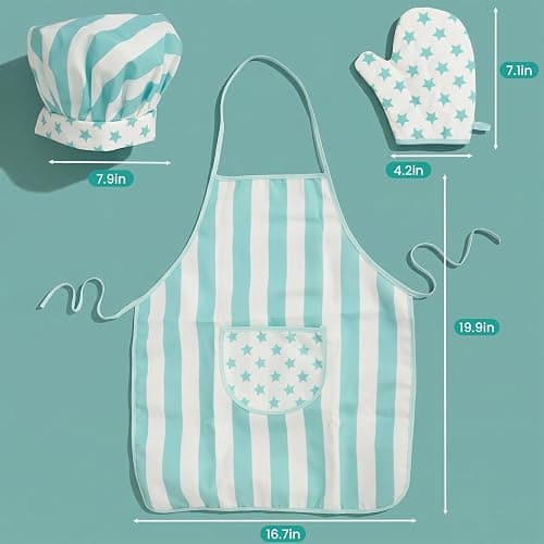 Kid Apron and Chef Hat Set, 3 Pcs Children Cooking Baking Set Kits Role Play Chef Toy Kid Cooking Gift for Girls Boys (Blue) thumbnail 3