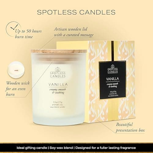 Vanilla Candle 9.7 oz: 55 Hrs Burn Time - Vanilla Scented Candles in Frosted Glass Jar with Wooden Crackling Wick in a Luxurious Gold Foil Lined Gift Box thumbnail 5