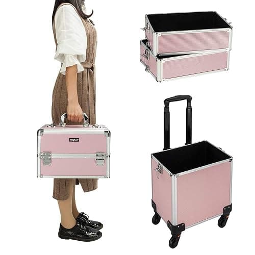 mefeir 4 in 1 Rolling Makeup Train Case, Aluminum Makeup Travel Organizer Cosmetic Case, Cosmetology Display Suitcase on Wheels, Beauty Storage Luggage Lockable w/4 Removable Wheels (Pink) thumbnail 2